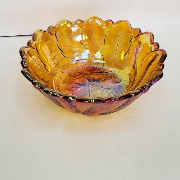Vintage Indiana Amber Carnival Glass Scalloped Floral Bowl - Picture 4 of 4